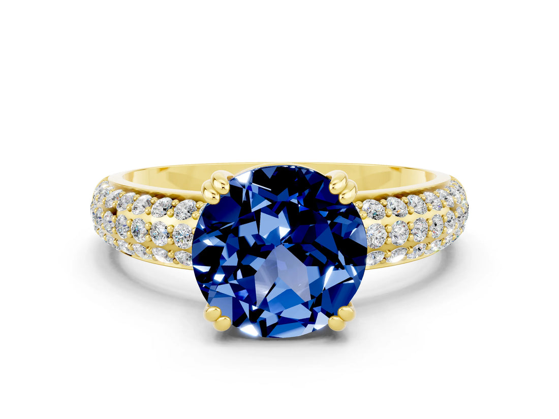 Yellow gold Round Cut Cut Pave Diamond Engagement Ring with Channel Set Band and Four-Prong Setting
