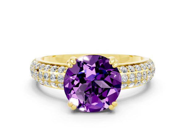 Yellow gold Round Cut Amethyst Solitaire Ring with Multi-Row Round Pavé Band and Prong Setting