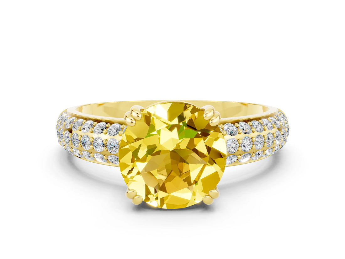 Yellow gold Round Cut Cut Pave Diamond Engagement Ring with Channel Set Band and Four-Prong Setting