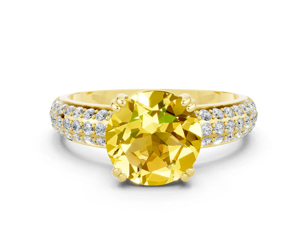 Yellow gold Round Cut Yellow Sapphire Solitaire Ring with Multi-Row Round Pavé Band and Prong Setting