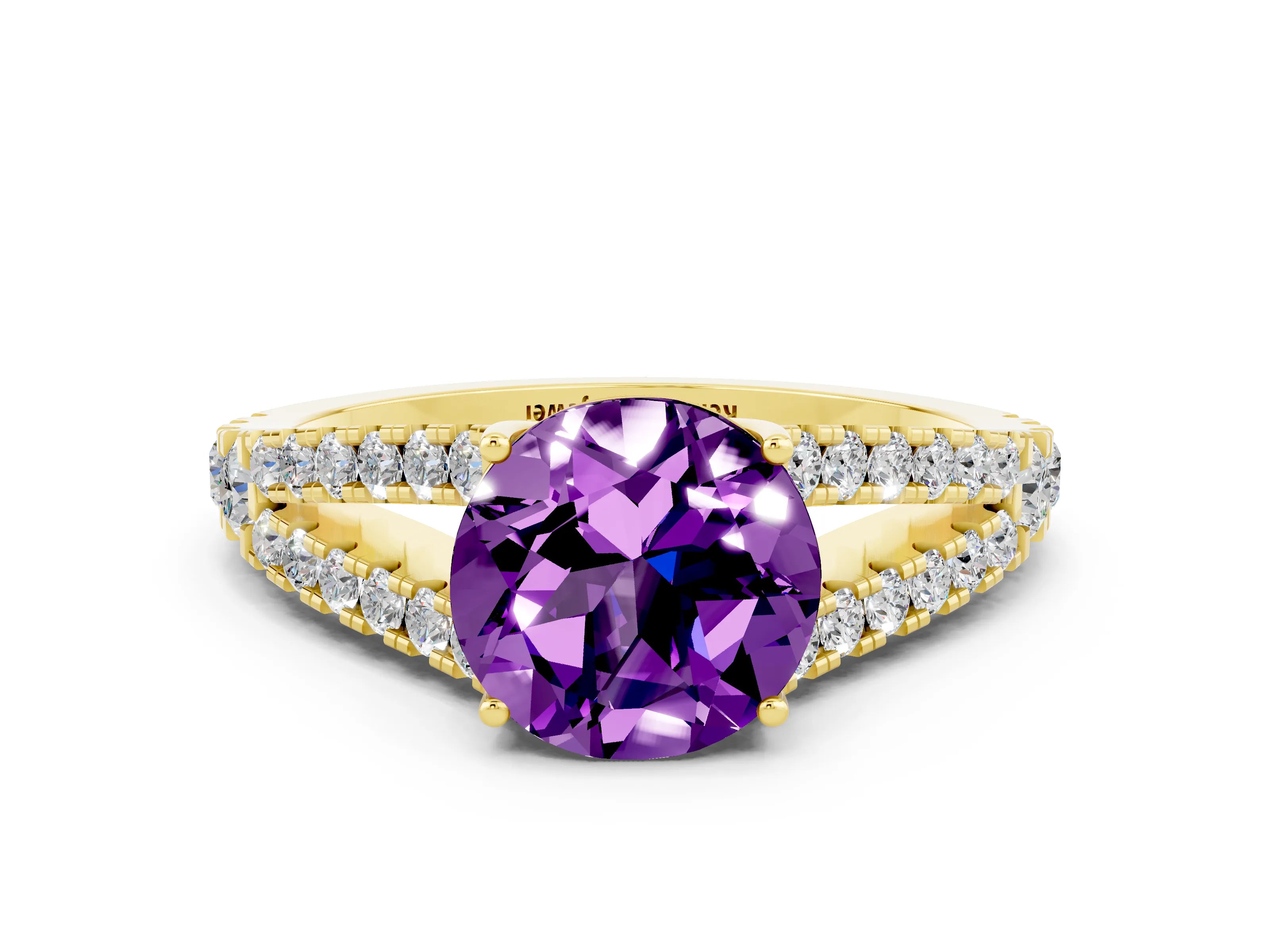 Yellow gold Round Cut Cut Split Shank Pave Diamond Engagement Ring with Four-Prong Setting