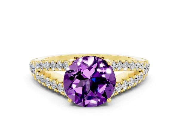 Yellow gold Round Cut Amethyst Split Shank Engagement Ring with Round Pavé and Prong Setting