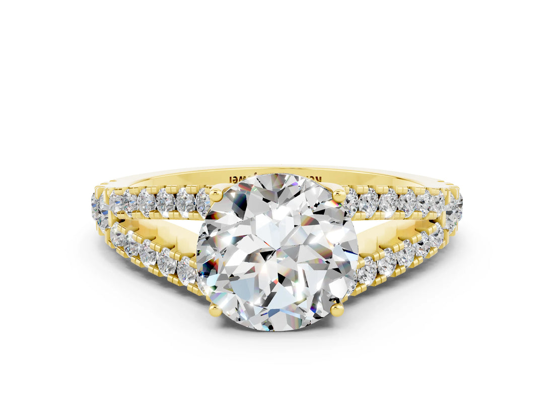 Yellow gold Round Cut Cut Split Shank Pave Diamond Engagement Ring with Four-Prong Setting