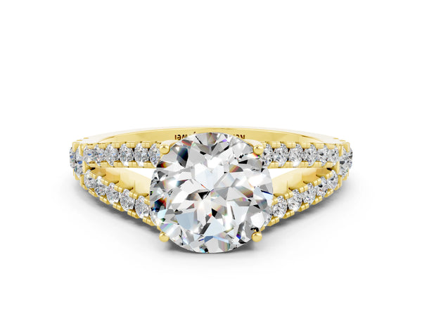 Yellow gold Round Cut Moissanite Split Shank Engagement Ring with Round Pavé and Prong Setting