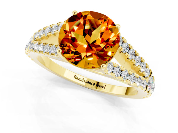 Yellow gold Round Cut Citrine Split Shank Engagement Ring with Round Pavé and Prong Setting