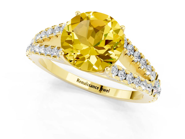 Yellow gold Round Cut Yellow Sapphire Split Shank Engagement Ring with Round Pavé and Prong Setting