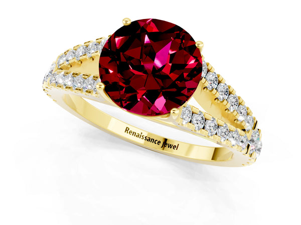 Yellow gold Round Cut Garnet Split Shank Engagement Ring with Round Pavé and Prong Setting