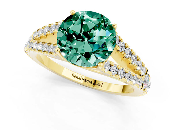 Yellow gold Round Cut Green Sapphire Split Shank Engagement Ring with Round Pavé and Prong Setting