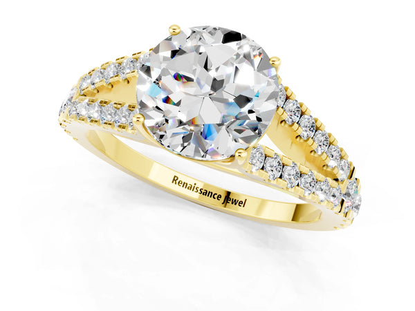 Yellow gold Round Cut Moissanite Split Shank Engagement Ring with Round Pavé and Prong Setting