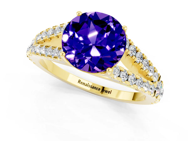 Yellow gold Round Cut Tanzanite Split Shank Engagement Ring with Round Pavé and Prong Setting