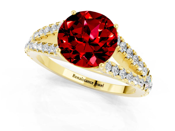Yellow gold Round Cut Ruby Split Shank Engagement Ring with Round Pavé and Prong Setting