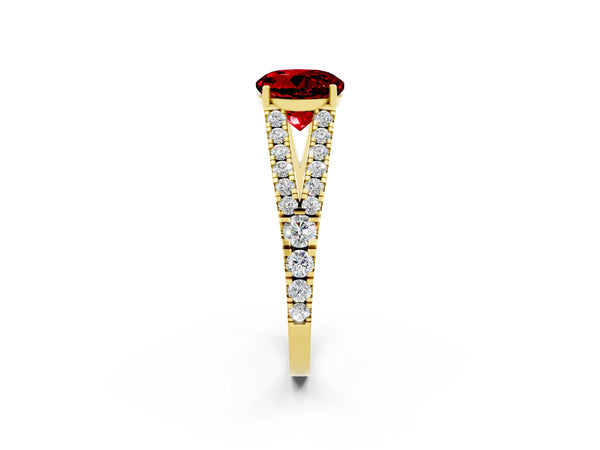 Yellow gold Round Cut Ruby Split Shank Engagement Ring with Round Pavé and Prong Setting