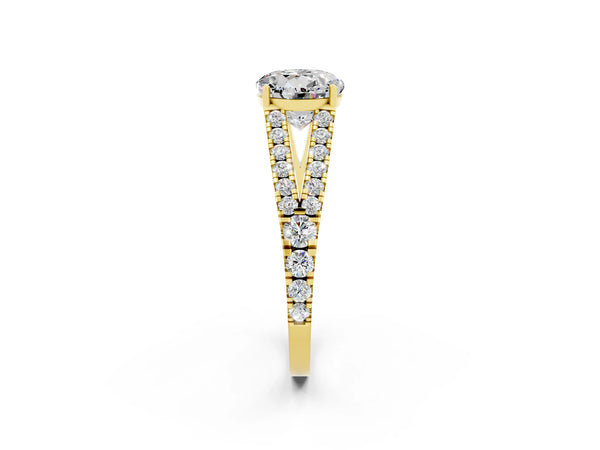 Yellow gold Round Cut Moissanite Split Shank Engagement Ring with Round Pavé and Prong Setting