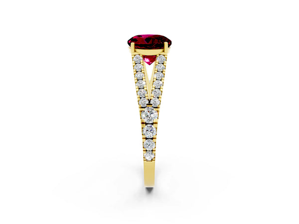 Yellow gold Round Cut Garnet Split Shank Engagement Ring with Round Pavé and Prong Setting