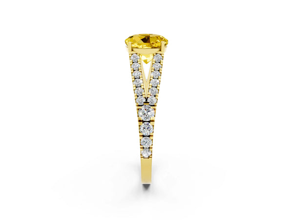 Yellow gold Round Cut Yellow Sapphire Split Shank Engagement Ring with Round Pavé and Prong Setting