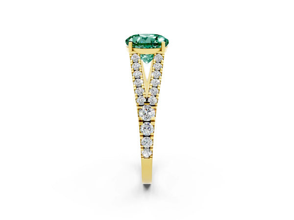 Yellow gold Round Cut Green Sapphire Split Shank Engagement Ring with Round Pavé and Prong Setting