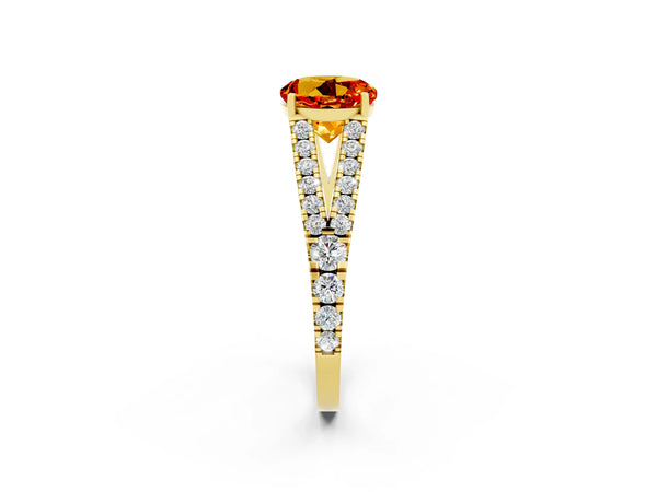 Yellow gold Round Cut Citrine Split Shank Engagement Ring with Round Pavé and Prong Setting