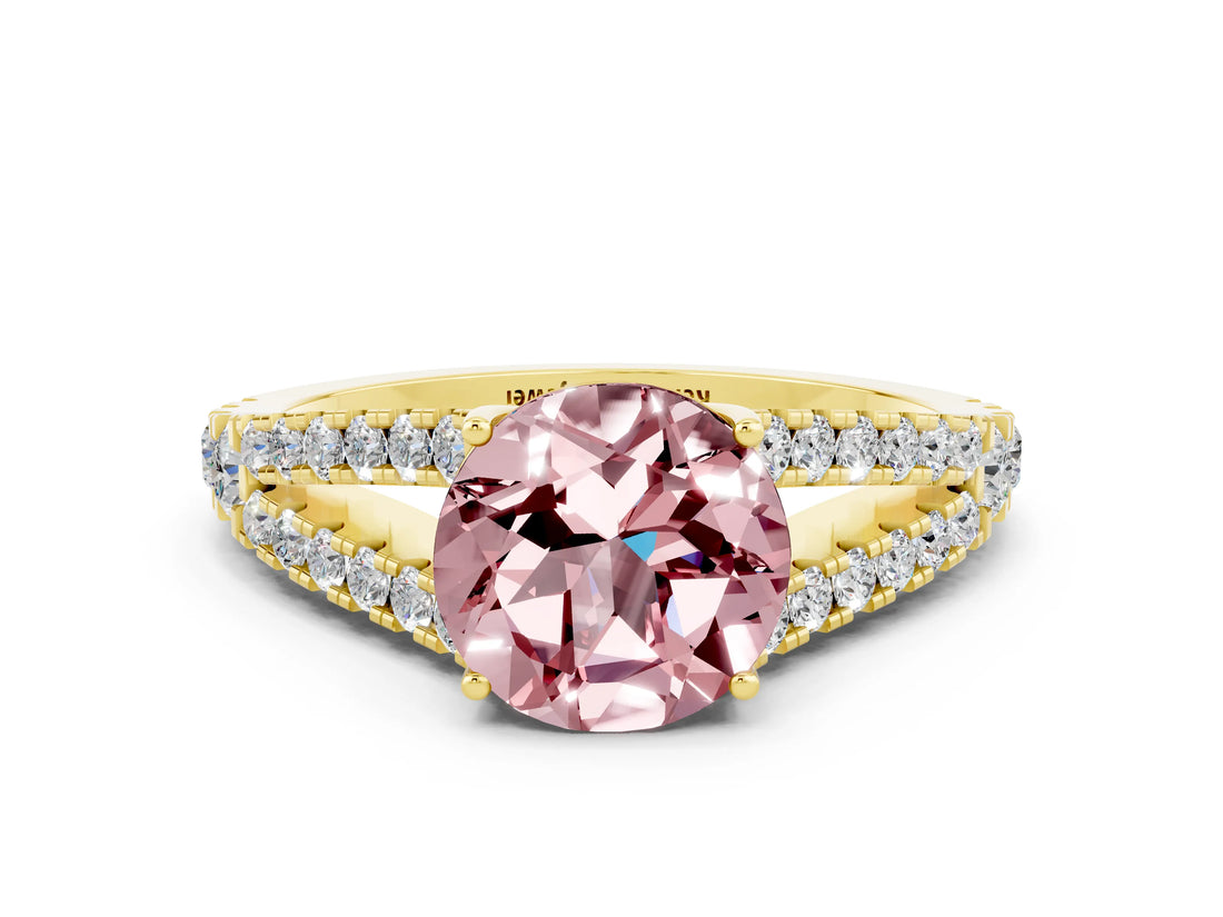 Yellow gold Round Cut Cut Split Shank Pave Diamond Engagement Ring with Four-Prong Setting