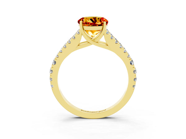 Yellow gold Round Cut Citrine Split Shank Engagement Ring with Round Pavé and Prong Setting