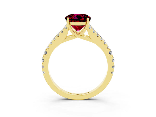 Yellow gold Round Cut Garnet Split Shank Engagement Ring with Round Pavé and Prong Setting