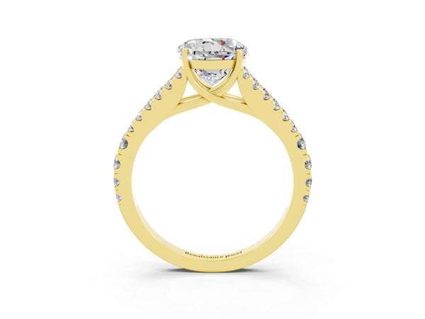 Yellow gold Round Cut Moissanite Split Shank Engagement Ring with Round Pavé and Prong Setting
