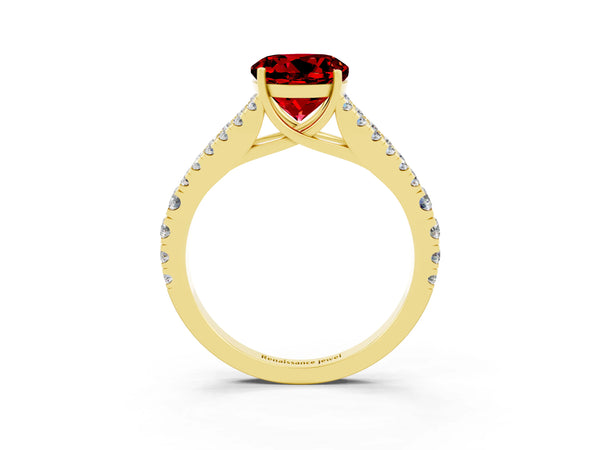 Yellow gold Round Cut Ruby Split Shank Engagement Ring with Round Pavé and Prong Setting
