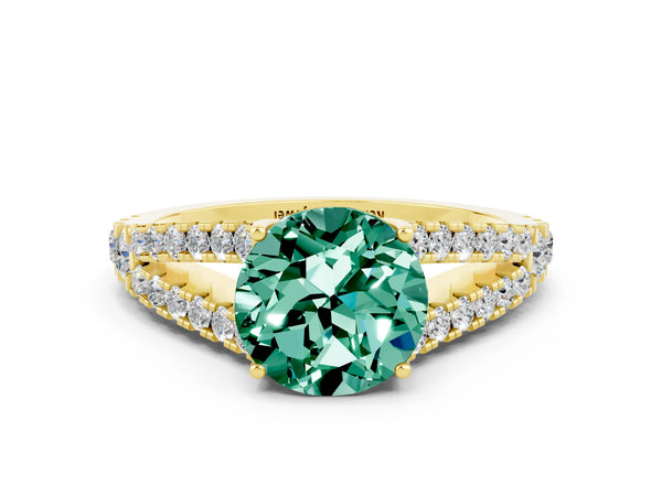 Yellow gold Round Cut Green Sapphire Split Shank Engagement Ring with Round Pavé and Prong Setting