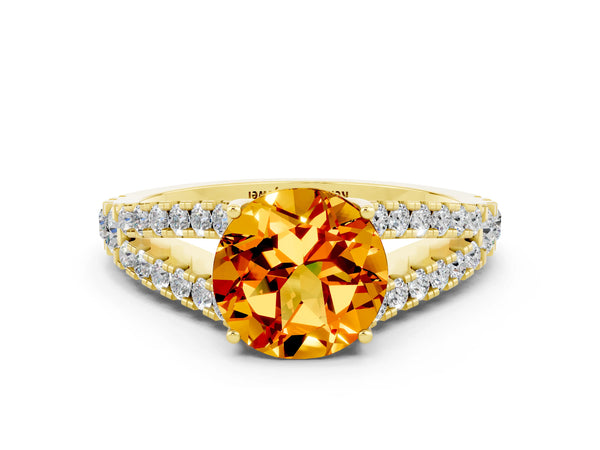 Yellow gold Round Cut Citrine Split Shank Engagement Ring with Round Pavé and Prong Setting