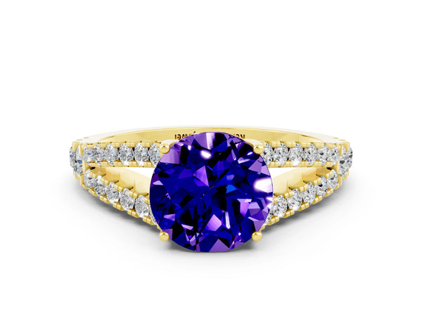 Yellow gold Round Cut Tanzanite Split Shank Engagement Ring with Round Pavé and Prong Setting