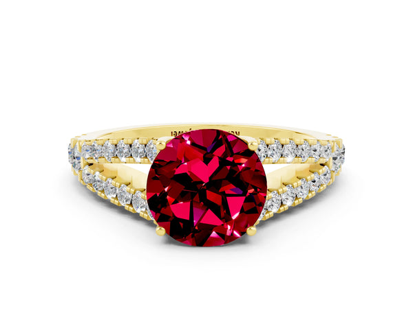 Yellow gold Round Cut Garnet Split Shank Engagement Ring with Round Pavé and Prong Setting