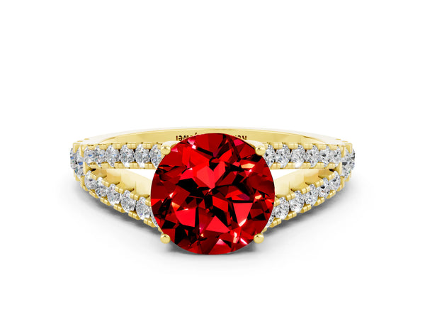 Yellow gold Round Cut Ruby Split Shank Engagement Ring with Round Pavé and Prong Setting