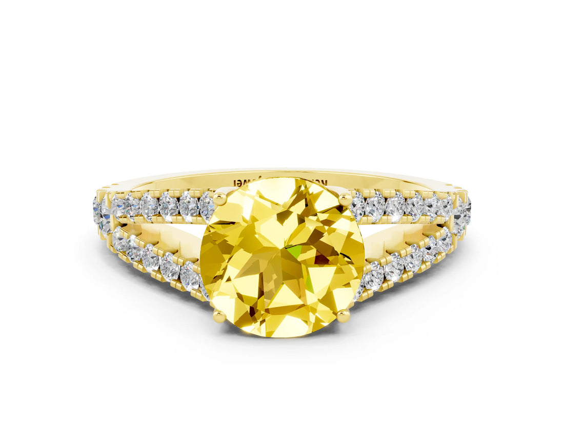 Yellow gold Round Cut Cut Split Shank Pave Diamond Engagement Ring with Four-Prong Setting
