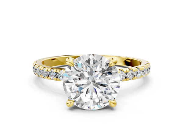 10K Yellow Gold 2.00 Carat E VS1 Round Diamond Brilliant Solitaire Ring with Pavé Band and Four-Prong Setting