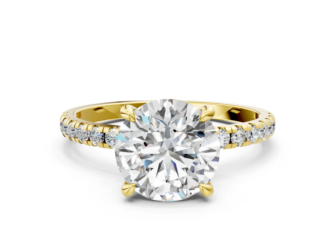 Yellow gold Round Cut Diamond Brilliant Solitaire Ring with Pavé Band and Four-Prong Setting_36