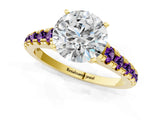 Yellow gold Round Cut Diamond Cathedral Solitaire Ring with Round with Amethyst side stone Pavé Band_13