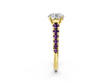 Yellow gold Round Cut Diamond Cathedral Solitaire Ring with Round with Amethyst side stone Pavé Band_14