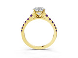 Yellow gold Round Cut Diamond Cathedral Solitaire Ring with Round with Amethyst side stone Pavé Band_15