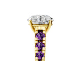 Yellow gold Round Cut Diamond Cathedral Solitaire Ring with Round with Amethyst side stone Pavé Band_17