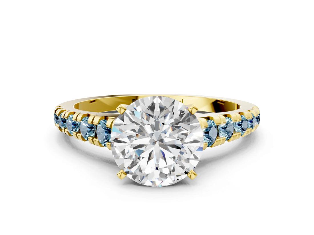 Yellow gold Round Cut Diamond Cathedral Solitaire Ring with Round with Aquamarine side stone Pavé Band_12