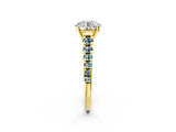 Yellow gold Round Cut Diamond Cathedral Solitaire Ring with Round with Aquamarine side stone Pavé Band_14