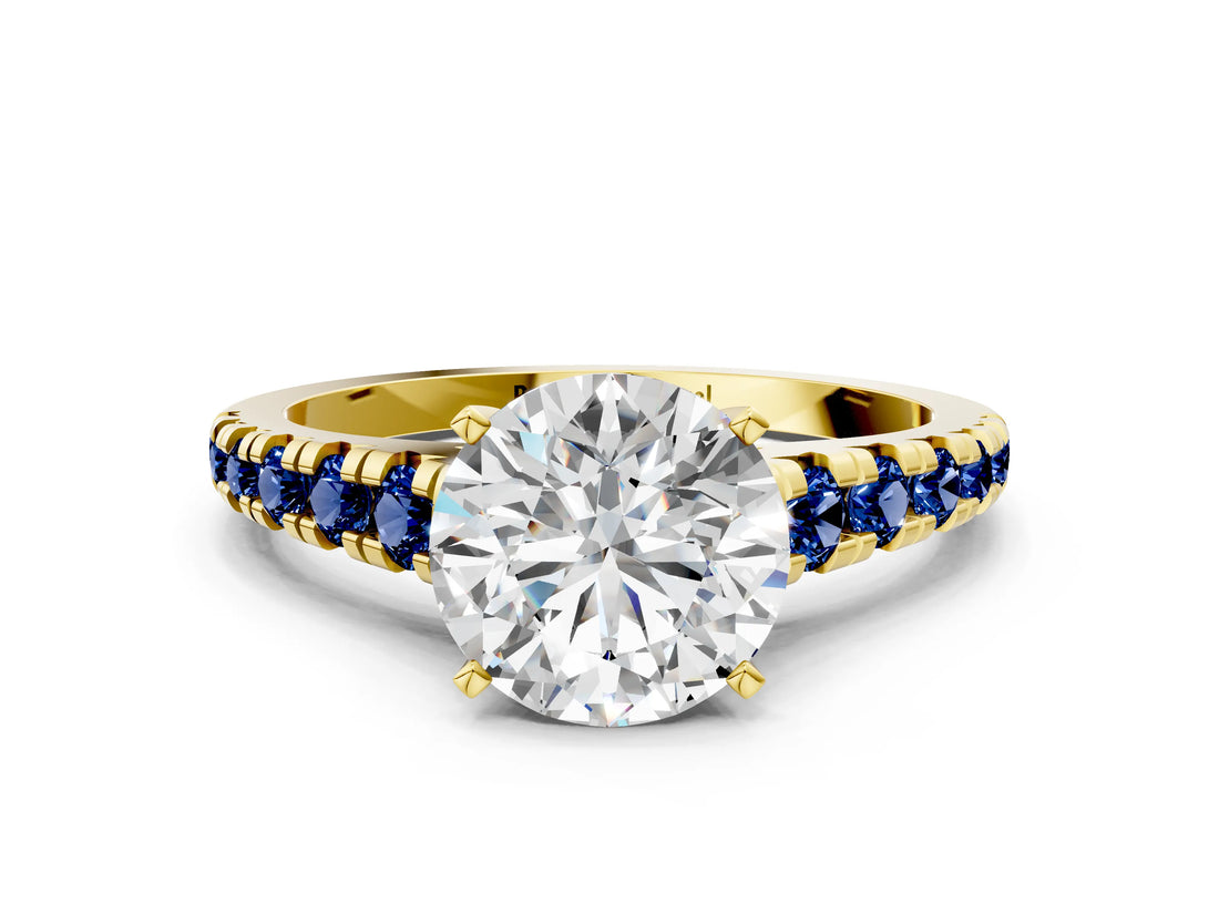 Yellow gold Round Cut Diamond Cathedral Solitaire Ring with Round with Blue Sapphire side stone Pavé Band_12
