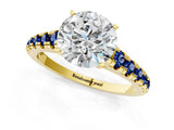 Yellow gold Round Cut Diamond Cathedral Solitaire Ring with Round with Blue Sapphire side stone Pavé Band_13