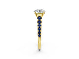 Yellow gold Round Cut Diamond Cathedral Solitaire Ring with Round with Blue Sapphire side stone Pavé Band_14