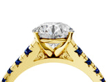 Yellow gold Round Cut Diamond Cathedral Solitaire Ring with Round with Blue Sapphire side stone Pavé Band_16