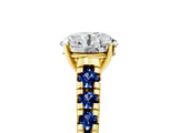 Yellow gold Round Cut Diamond Cathedral Solitaire Ring with Round with Blue Sapphire side stone Pavé Band_17
