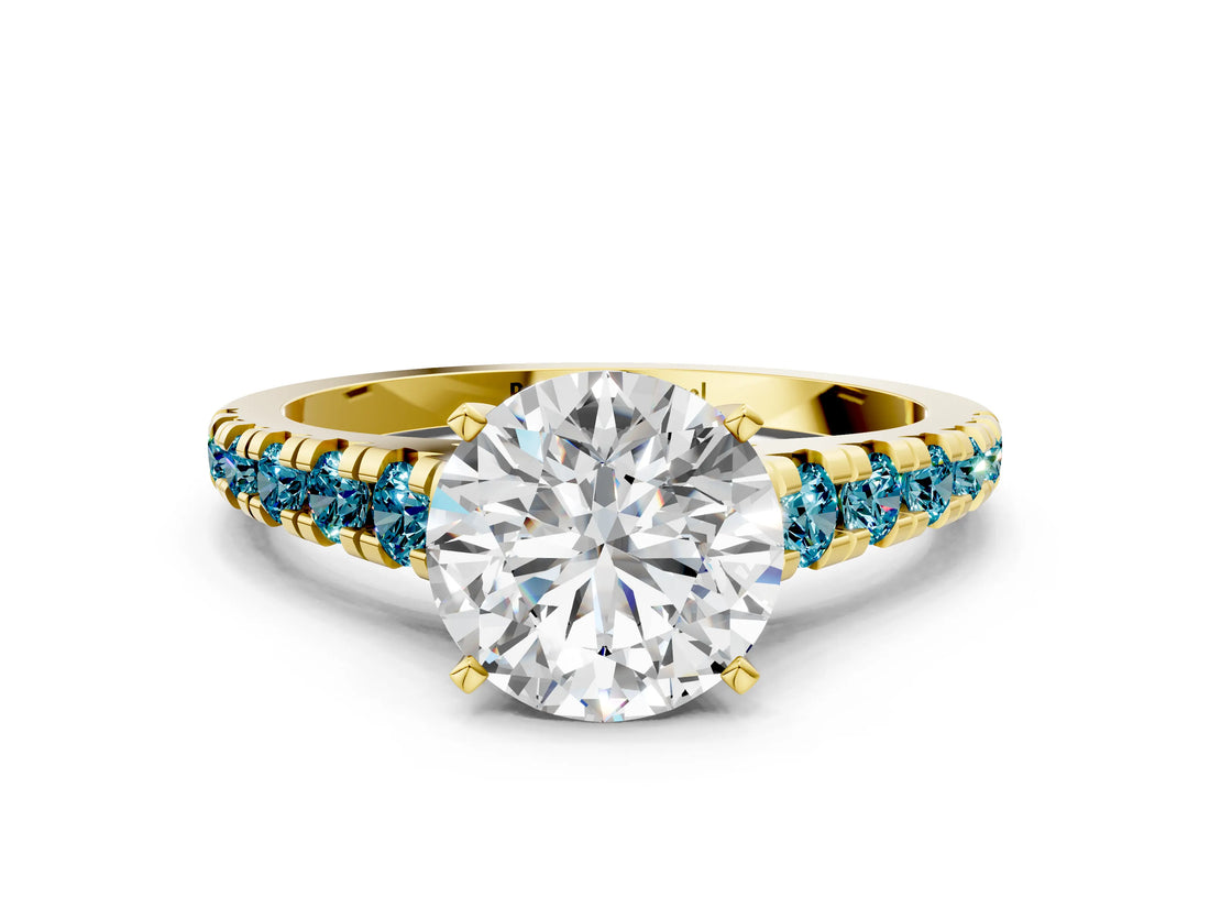 Yellow gold Round Cut Diamond Cathedral Solitaire Ring with Round with Blue Topaz side stone Pavé Band