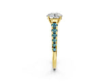 Yellow gold Round Cut Diamond Cathedral Solitaire Ring with Round with Blue Topaz side stone Pavé Band_2