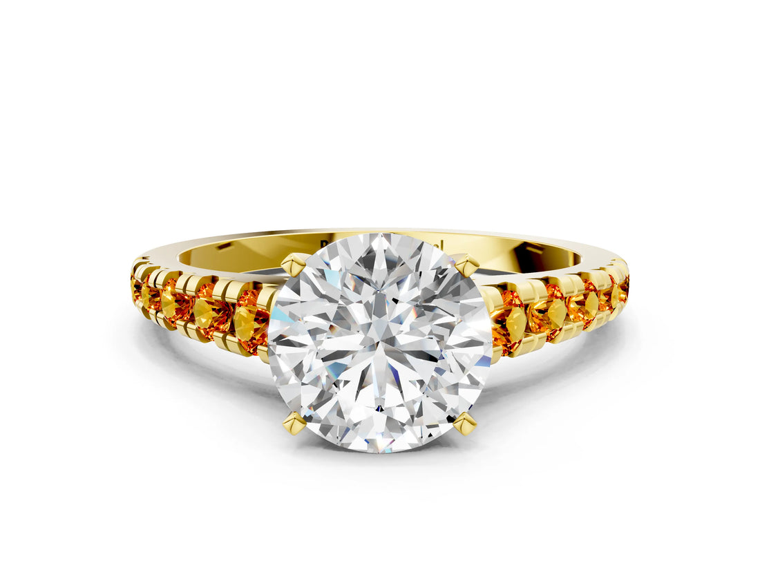 Yellow gold Round Cut Diamond Cathedral Solitaire Ring with Round with Citrine side stone Pavé Band_24