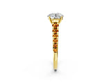 Yellow gold Round Cut Diamond Cathedral Solitaire Ring with Round with Citrine side stone Pavé Band_26