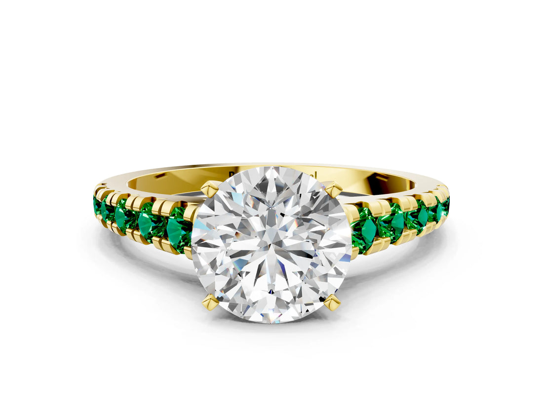 Yellow gold Round Cut Diamond Cathedral Solitaire Ring with Round with Emerald side stone Pavé Band